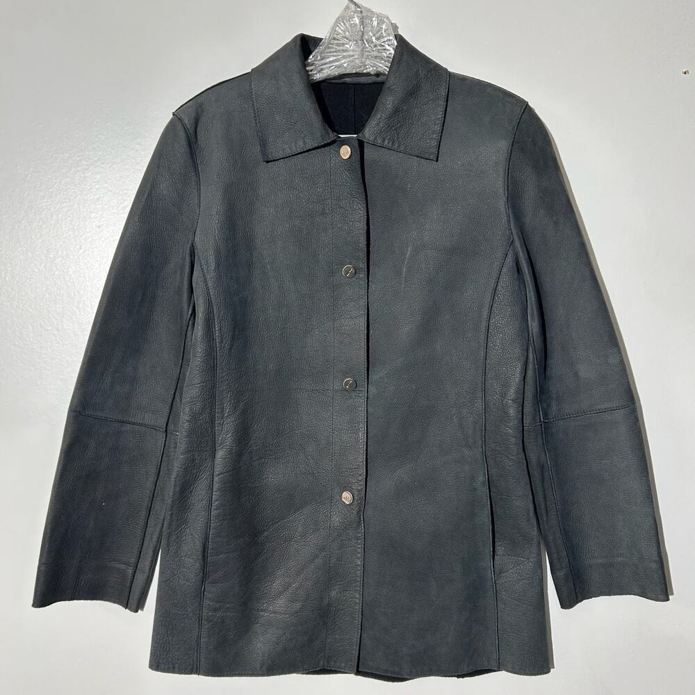 Nicole Miller New York Womens XS Gray Genuine Leather Button‎ Up Jacket Coat